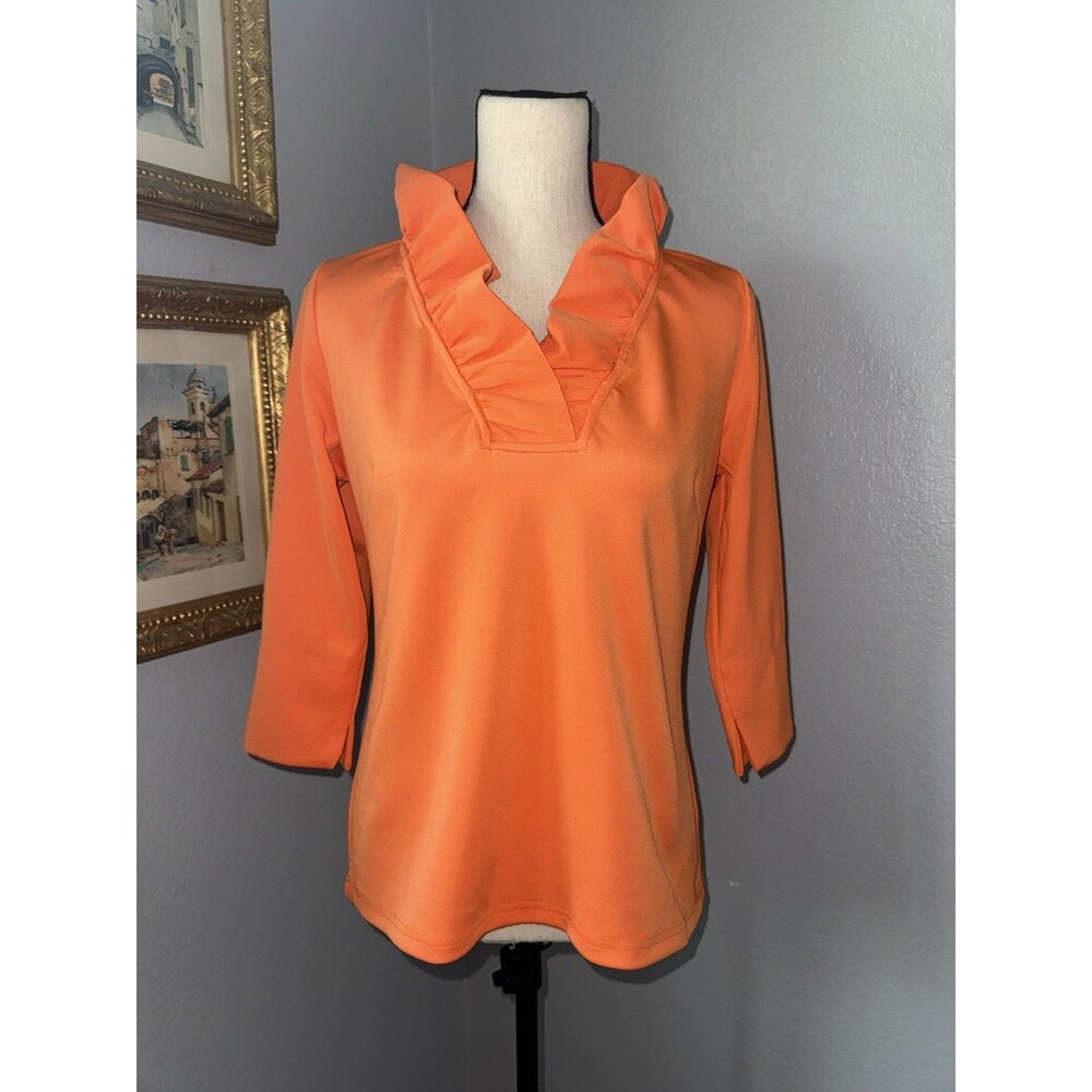 Gretchen Scott Ruffle Neck Top Orange V-Neck Sz M Preppy Coastal Chic Euro Summe